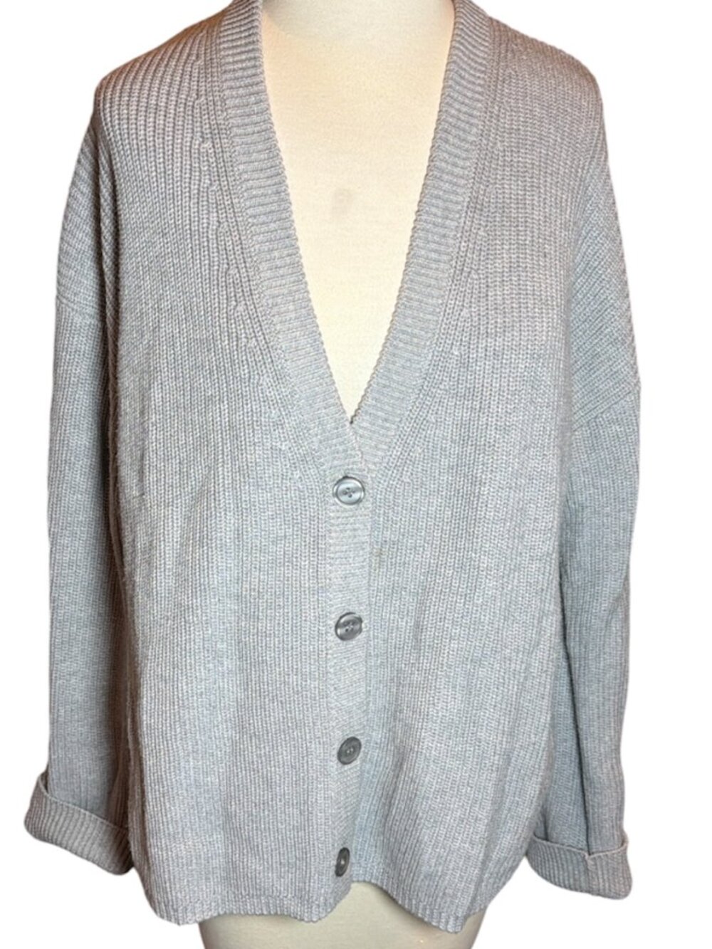 Michael Stars Clara Boyfriend V-Neck Ribbed Gray Cardigan Sweater